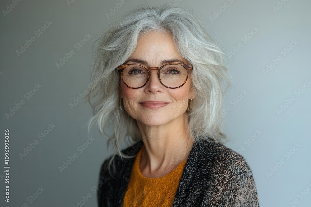 close-up portrait of a smiling senior woman wearing stylish eyeglasses, radiating warmth and positivity against a clean white background, showcasing vibrant character and life experience