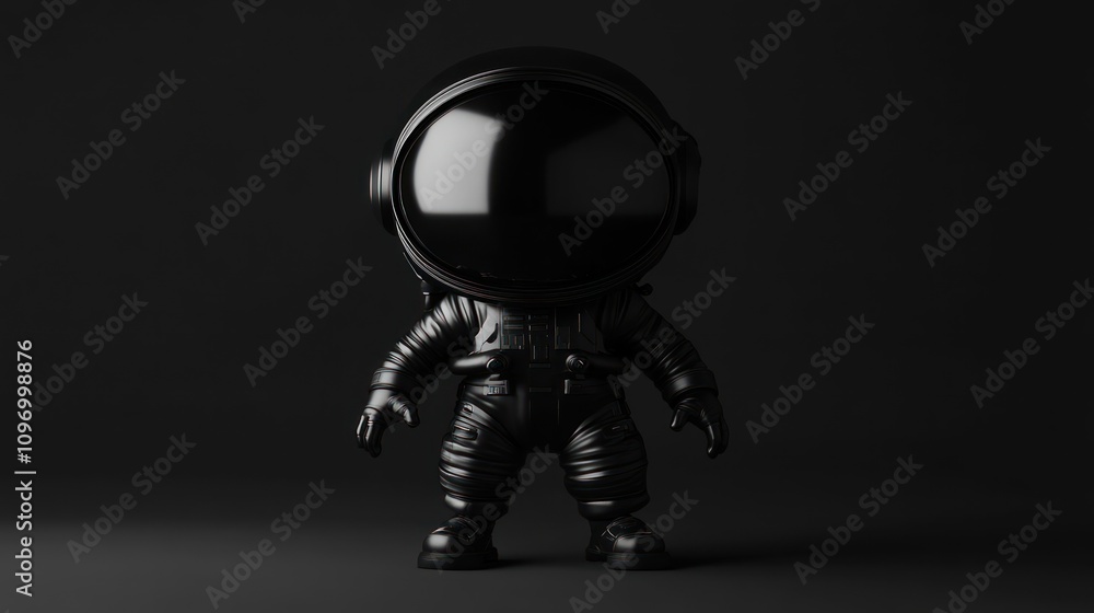 A black astronaut figure stands against a dark background, emphasizing its sleek design. A black astronaut figure stands against a dark background, emphasizing its sleek design.