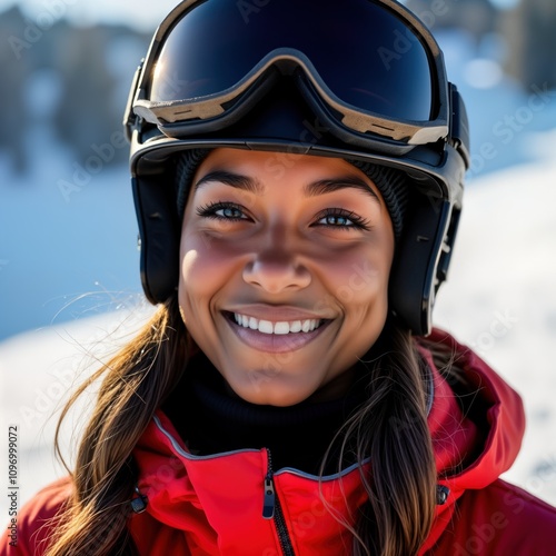 Smiling Black woman snowboarder wears red jacket helmet goggles. Winter mountain sport activity. Extreme fun vacation. Happy female enjoys snow. Portrait of active person. Ski resort adventure.