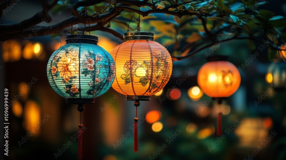 Fototapeta premium Illuminated Lanterns Hang From Branches At Night