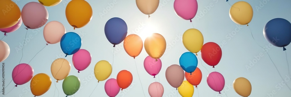 Colorful balloons floating gently in the air with a bright sun shining behind them, floating, celebration, happy birthday Colorful balloons floating gently in the air with a bright sun shining behind them, floating, celebration, happy birthday
