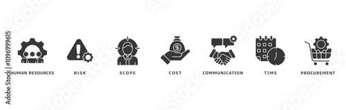 Project management banner web icon vector illustration design concept with icon of initiating, planning, executing, monitoring, controlling and closing
