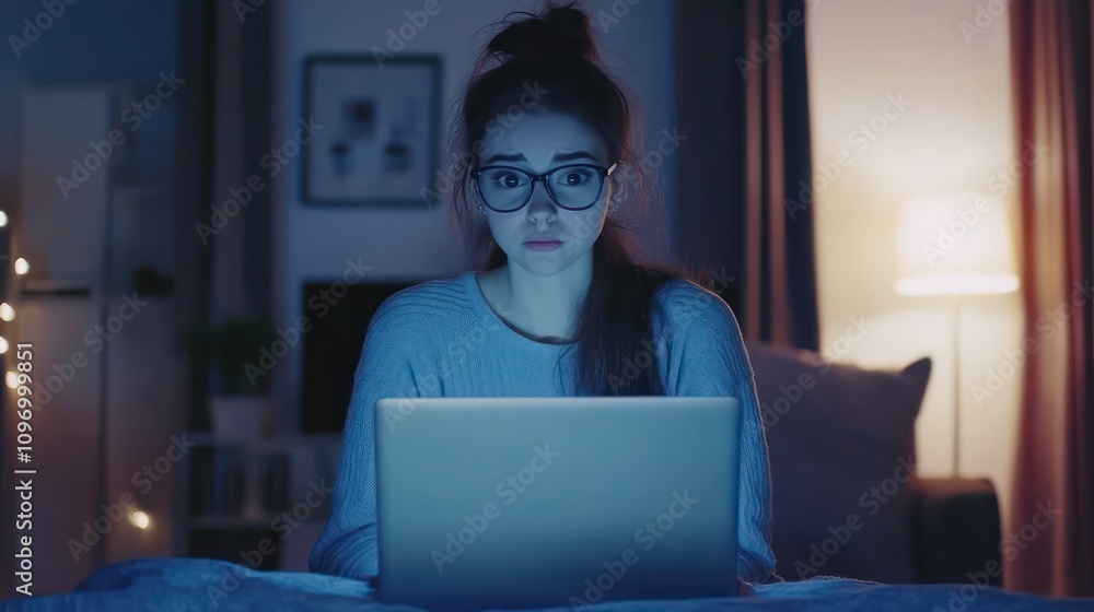 shocked girl using a laptop wearing glasses watching laptop screen shocked girl using a laptop wearing glasses watching laptop screen