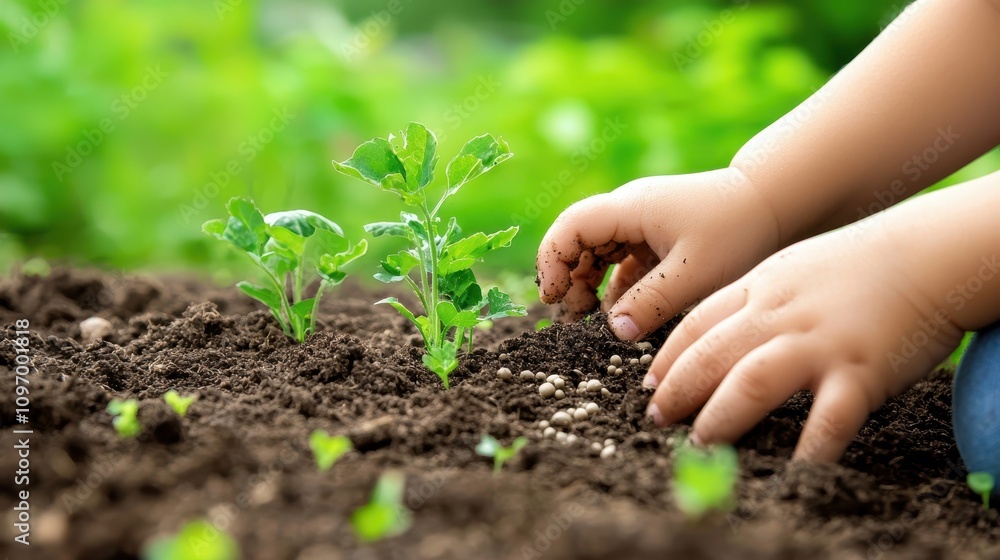Child's Hands Planting Seeds in Rich Soil Surrounded by Green Growth Child's Hands Planting Seeds in Rich Soil Surrounded by Green Growth