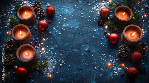 Christmas Ornaments with Candles and Pine Cones for room decoration and copy space 