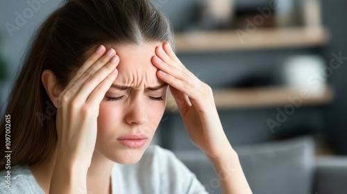 Young Woman Suffering from Headache in Modern Home Interior Setting photo