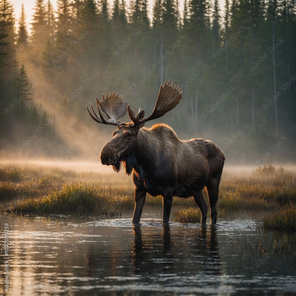A moose standing in a misty wetland at sunrise. A moose standing in a misty wetland at sunrise.