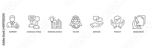 Expertise banner web icon vector illustration design concept representing high-level knowledge and experience with an icon of expert, consulting, knowledge, team, advice, trust, and research
