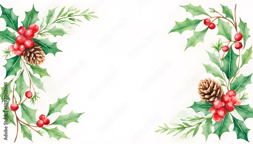 Christmas holly and pine decoration with berries on a light background copy space Christmas holly and pine decoration with berries on a light background copy space