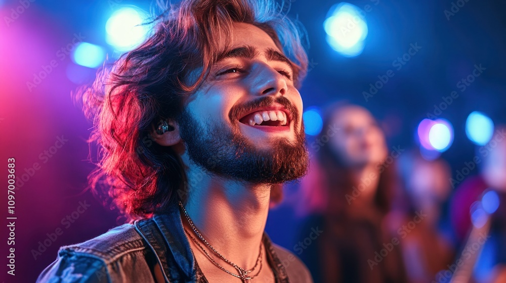 A joyful young man smiles while enjoying a vibrant music performance on stage. A joyful young man smiles while enjoying a vibrant music performance on stage.