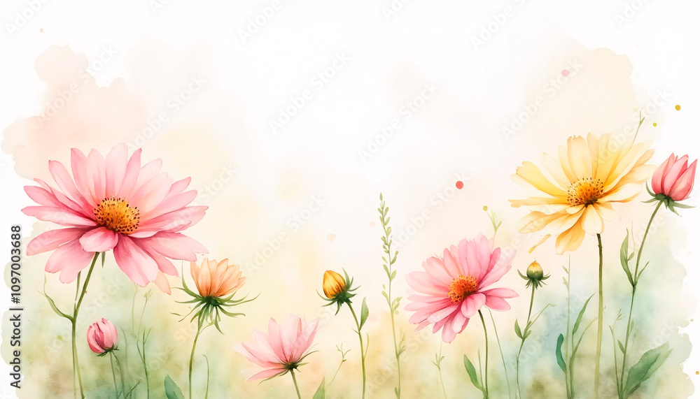 Fototapeta premium Beautiful blooming flowers in a watercolor style on a soft background copy space