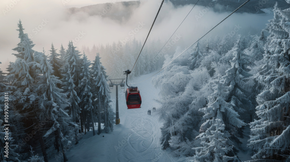 Winter scene with cable car from above Winter scene with cable car from above