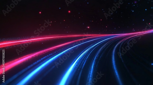 Abstract glowing red and blue light trails on dark background.