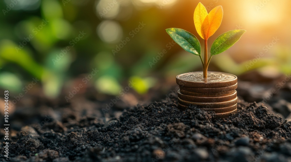 Young Plant Sprouting From Stacked Coins In Soil Young Plant Sprouting From Stacked Coins In Soil