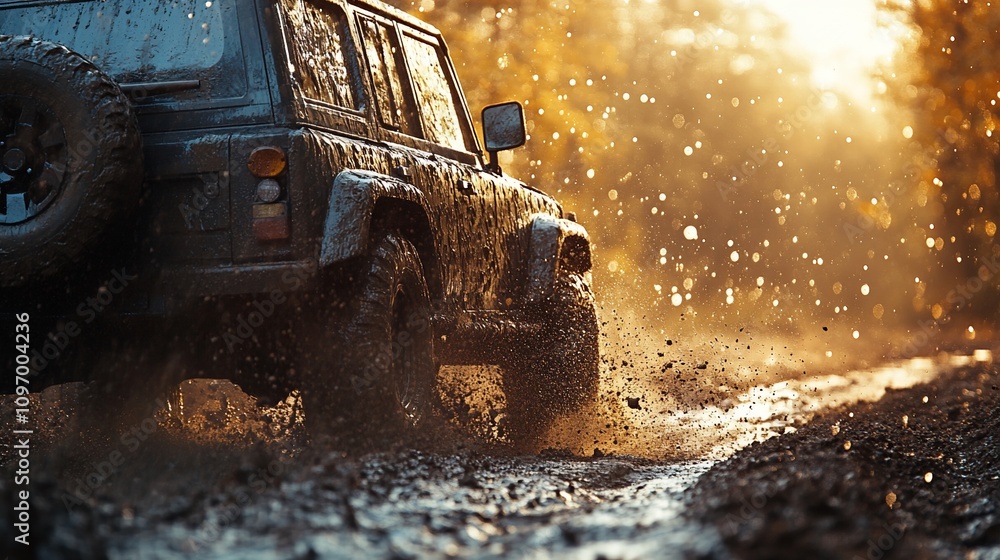 Mud-splattered SUV driving through a muddy forest trail at sunset. Mud-splattered SUV driving through a muddy forest trail at sunset.