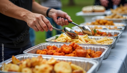 Buffet catering event food. Party guests serve pasta potato wedges chicken nuggets. Delicious banquet hall dinner lunch. Wedding celebration. Tasty fresh homemade food.