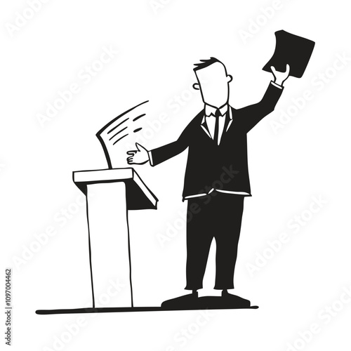 Vector silhouette illustration of a man standing behind a podium, holding a document or book in one raised hand while gesturing confidently.