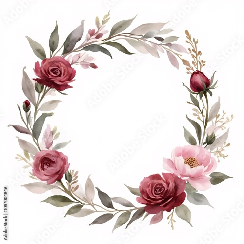 Romantic floral wreath with red and pink roses on a white background copy space