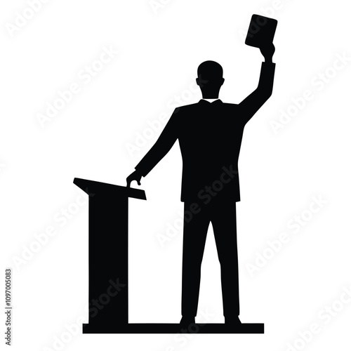 Vector silhouette illustration of a man standing behind a podium, holding a document or book in one raised hand while gesturing confidently.