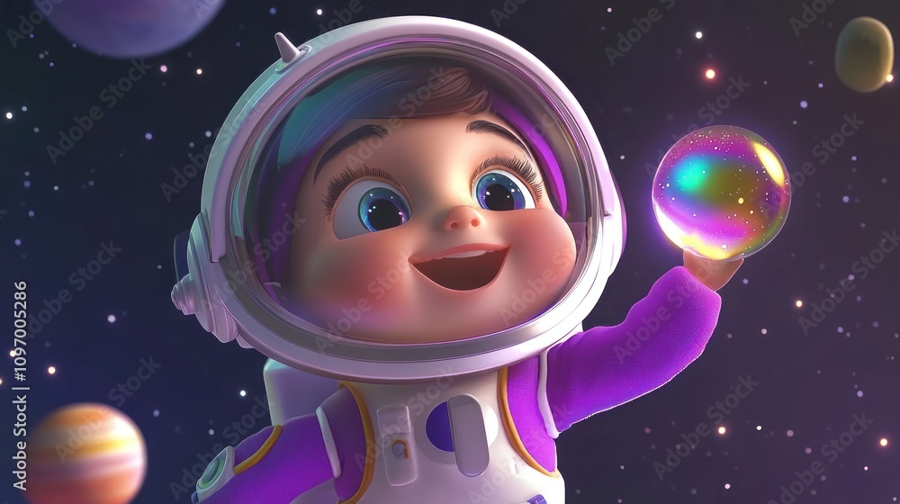 A cheerful child in an astronaut suit holds a colorful orb in a space-themed background. A cheerful child in an astronaut suit holds a colorful orb in a space-themed background.