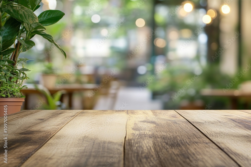 A wooden table in a bright, green indoor space with plants and soft lighting. A wooden table in a bright, green indoor space with plants and soft lighting.