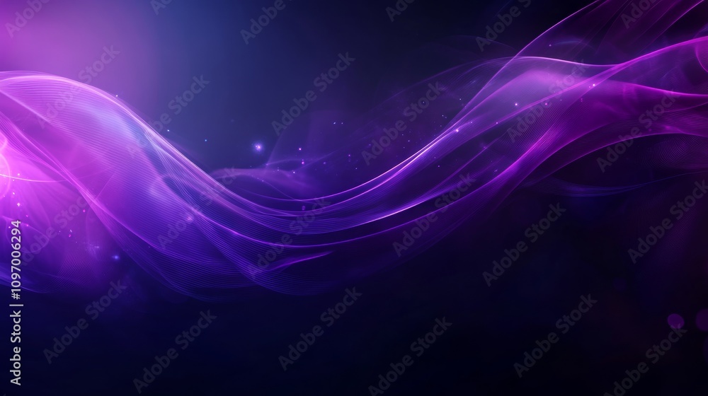 Abstract purple and blue glowing wave with sparkles on dark background. Abstract purple and blue glowing wave with sparkles on dark background.