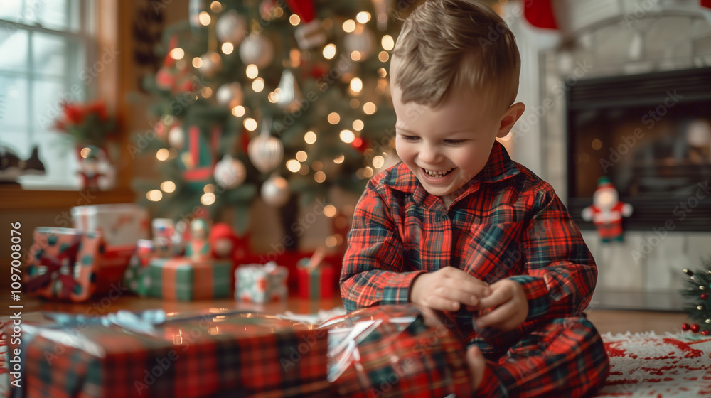 Happy Young Boy Unwrapping His Christmas Gifts Near the Christmas Tree. Generative AI. Happy Young Boy Unwrapping His Christmas Gifts Near the Christmas Tree. Generative AI.