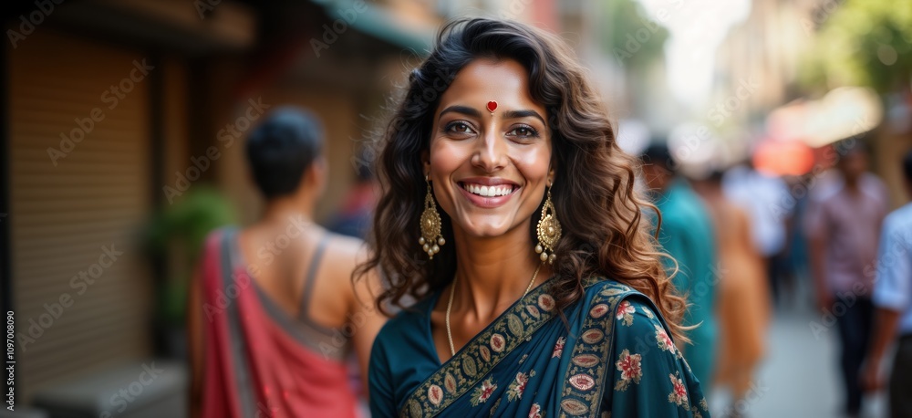 Smiling Indian woman street portrait. Happy young female in traditional sari. City background. India culture. Beautiful woman in 20s 30s. Positive emotion. Fashion model. Smiling Indian woman street portrait. Happy young female in traditional sari. City background. India culture. Beautiful woman in 20s 30s. Positive emotion. Fashion model.