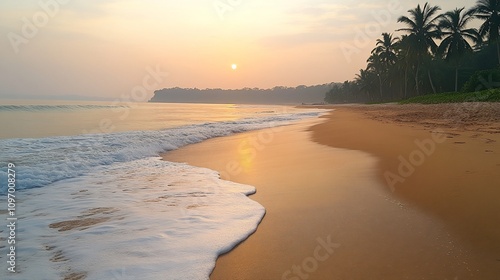 Wallpaper Mural Sunrise over tropical beach with palm trees and gentle waves. Torontodigital.ca