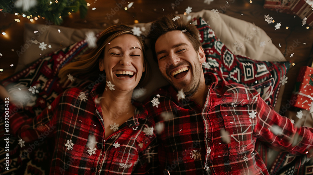 Laughing Couple On Their Backs Wearing Matching Holiday Pajamas Surrounded By Christmas Gifts. Generative AI. Laughing Couple On Their Backs Wearing Matching Holiday Pajamas Surrounded By Christmas Gifts. Generative AI.