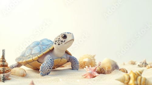 A cute turtle on a sandy beach surrounded by seashells, evoking a serene ocean atmosphere. photo