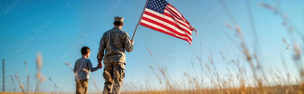 Military father and son walk field holding US flag. Patriotic family summer day. Man in uniform girl child. National holiday remembrance. Veteran family together. Military father and son walk field holding US flag. Patriotic family summer day. Man in uniform girl child. National holiday remembrance. Veteran family together.