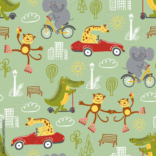 Playful animals in the city pattern