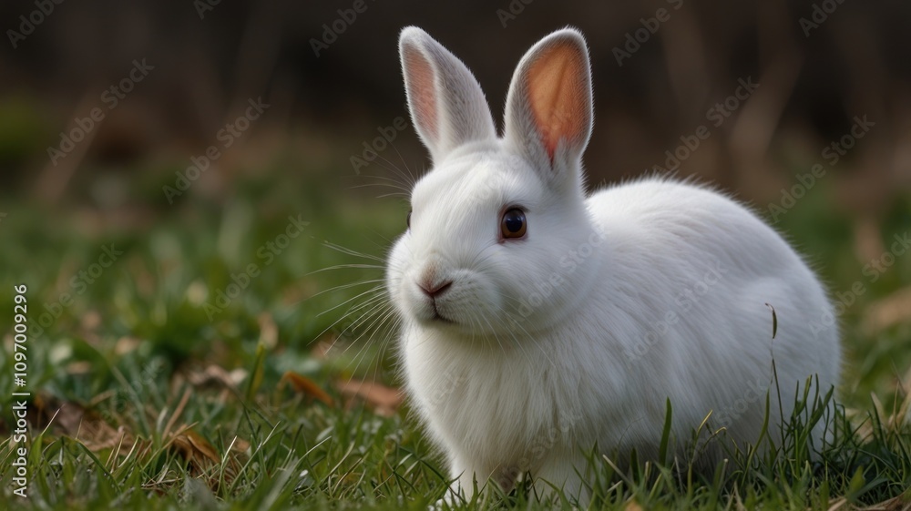 Adorable white rabbit sitting in green grass. Adorable white rabbit sitting in green grass.