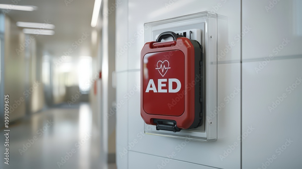 Fototapeta premium AED Medical Device in Hospital Corridor for Emergency Care