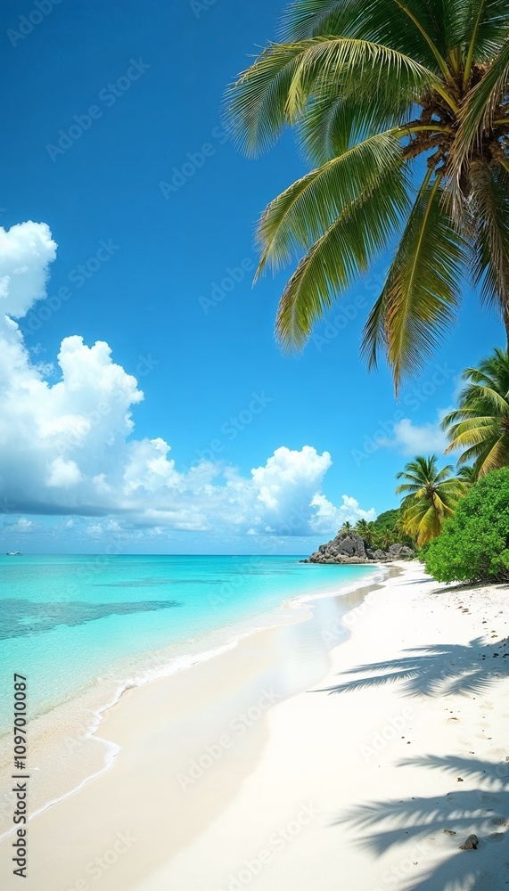 Tropical beach with palm trees and turquoise water, serene mood, picturesque landscape, sunny day, copy space
Tropical beach with palm trees and turquoise water, serene mood, picturesque landscape, sunny day, copy space