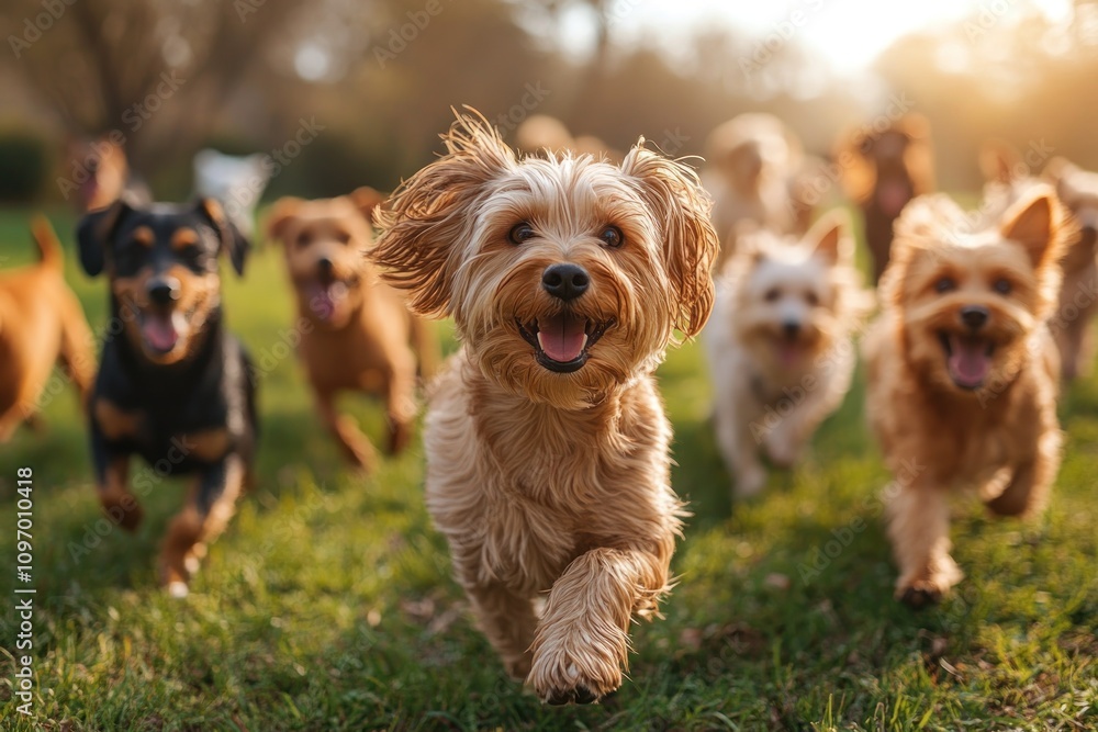 Happy Dogs Running Through Green Grass Together Happy Dogs Running Through Green Grass Together