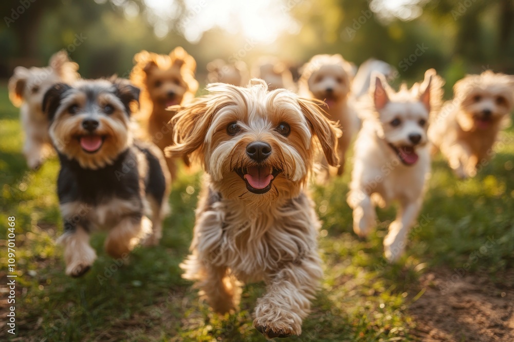 Happy Dogs Running In A Sunny Park Together Happy Dogs Running In A Sunny Park Together