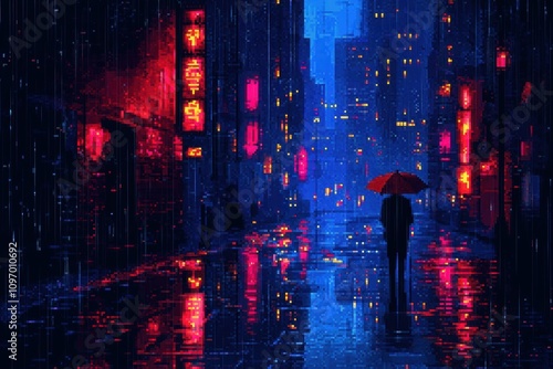 A solitary figure with an umbrella stands in a neon-lit, rainy cityscape.