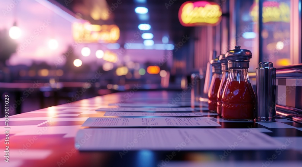 A diner table set with condiments and menus, evoking a cozy dining atmosphere. A diner table set with condiments and menus, evoking a cozy dining atmosphere.