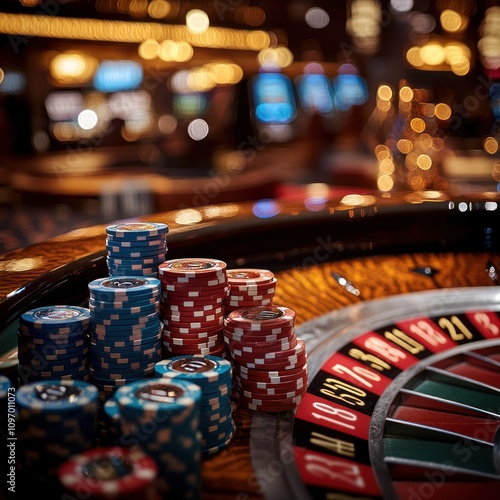 Casino Roulette Wheel With Stacks Of Chips