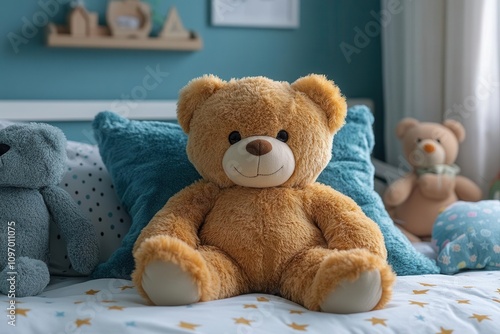 cozy teddy bear nestled in a child's bed adorned with starry bedding, creating a warm, comforting nursery environment filled with plush toys and soothing blue walls