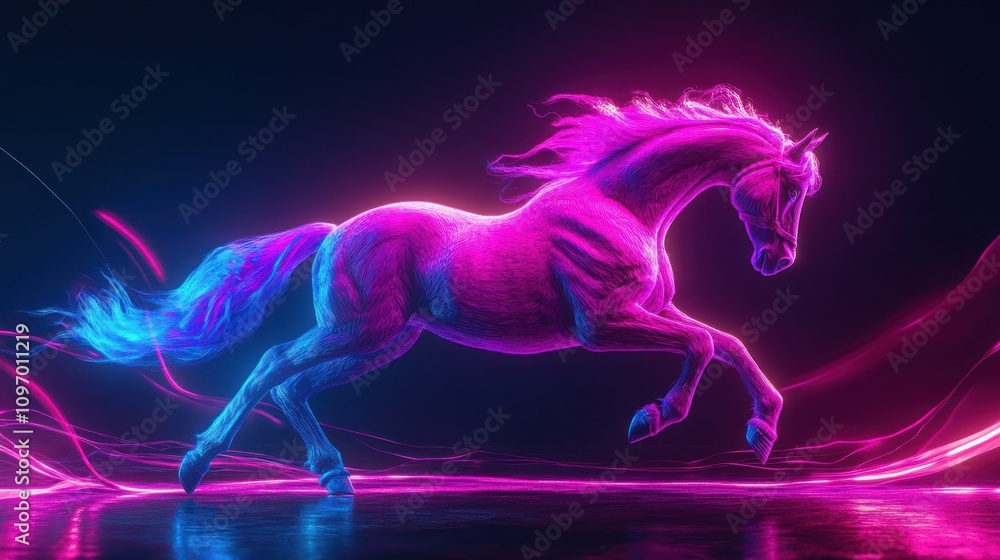 A vibrant, glowing unicorn in motion, surrounded by colorful light trails. A vibrant, glowing unicorn in motion, surrounded by colorful light trails.