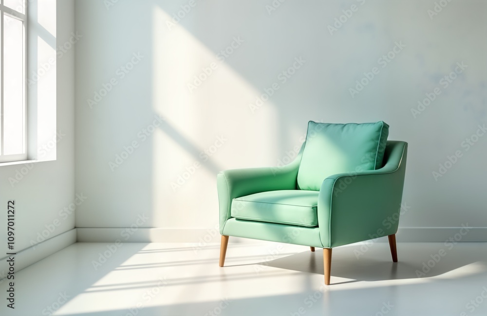 Mint green armchair sits in bright room. Sunlight streams through window. Modern minimalist interior design. Comfortable seating. Home decor. Relaxation space. Mint green armchair sits in bright room. Sunlight streams through window. Modern minimalist interior design. Comfortable seating. Home decor. Relaxation space.