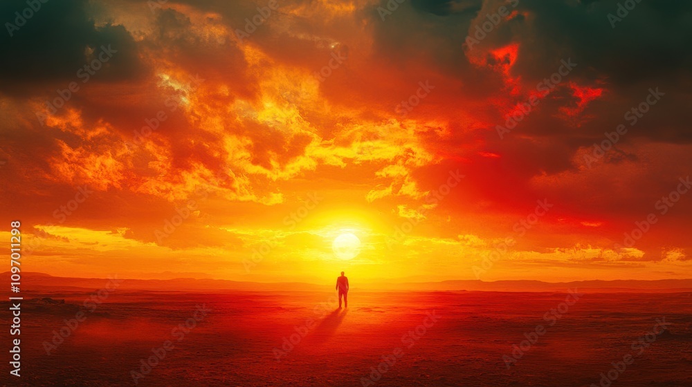 A solitary figure stands against a vibrant sunset, evoking contemplation. A solitary figure stands against a vibrant sunset, evoking contemplation.