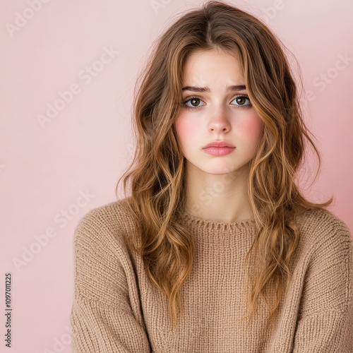 Young woman with natural makeup and soft sweater against pastel backdrop