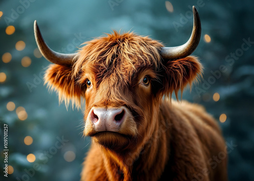 Cute cow cattle heifer bull highland longhorn with horns at Christmas in a snowy meadow field pasture in winter with cloudy sky decorated with a pine garland around its neck with red berries blossoms photo