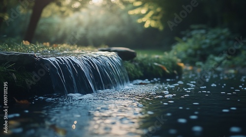Serene waterfall cascading into a tranquil pond.