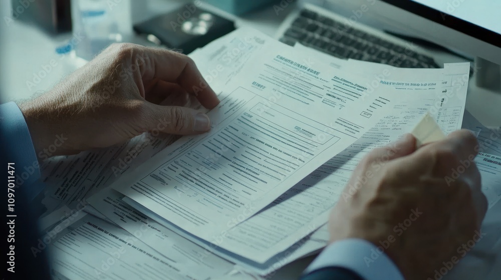 Naklejka premium Hands holding documents, likely for business or legal purposes, with a computer in the background.