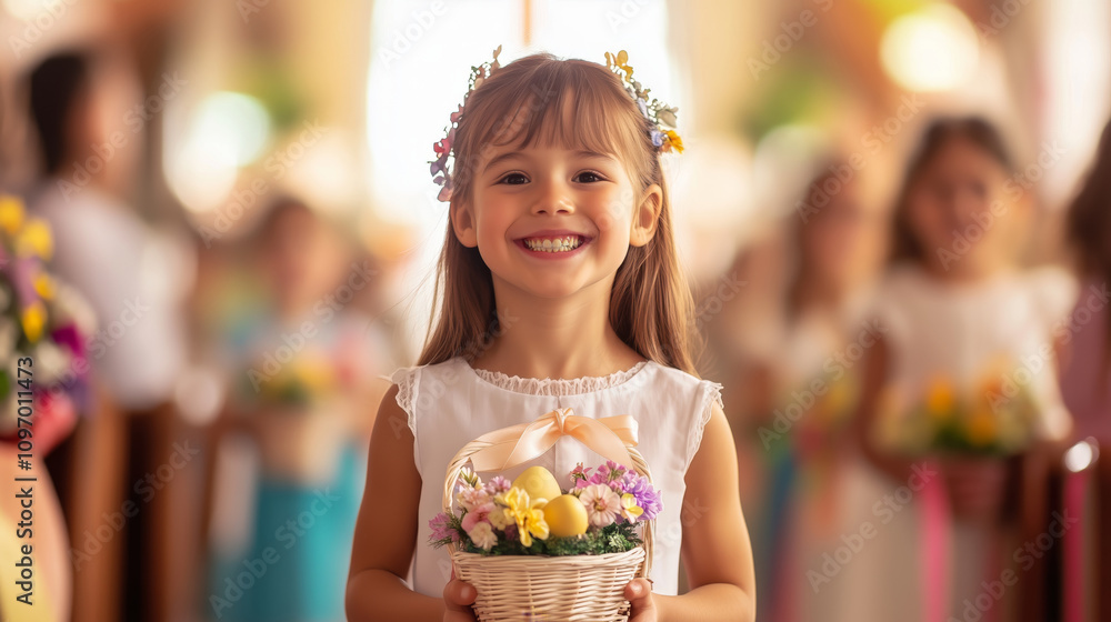 Smiling girl holding a floral Easter basket in a festive indoor setting. Joyful holiday celebration concept for design and print. Smiling girl holding a floral Easter basket in a festive indoor setting. Joyful holiday celebration concept for design and print.